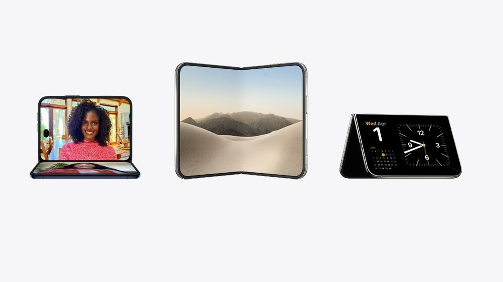 Apple reúne diferentes recursos para disfarçar ao máximo o vinco central da tela interna do iPhone Duo — Foto: Reprodução/Apple