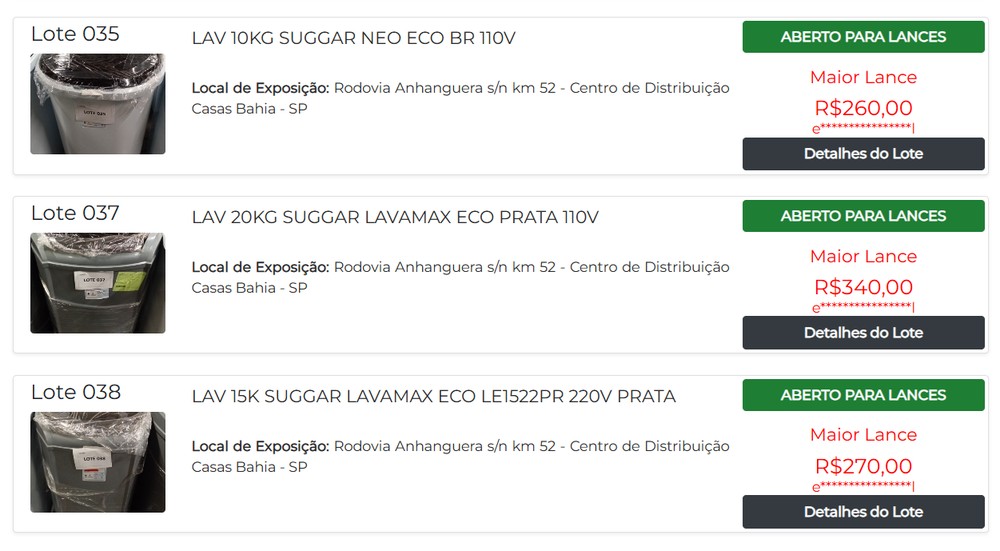 Leilão das Casas Bahia tem produtos a partir de R$ 260 na plataforma do Nosso Leilão — Foto: Reprodução/Nosso Leilão