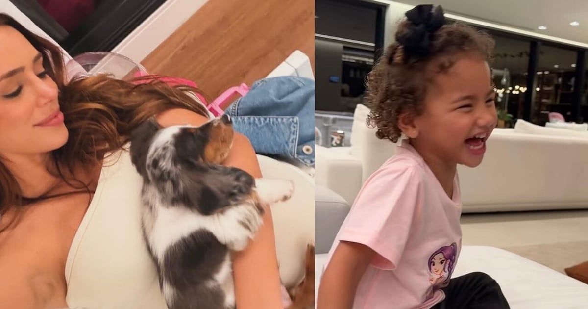 Mavie se diverte com novo cachorrinho da família de Bruna Biancardi e Neymar