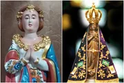 À esquerda, uma reprodução mostra com precisão como seria originalmente a imagem, antes de ter sido perdida nas águas / À direita a santa na basílica atualmente