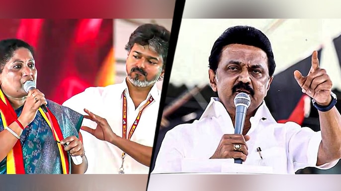 Vijay with TVK's Dharapuram bypoll candidate Sathyabama, and MK Stalin.