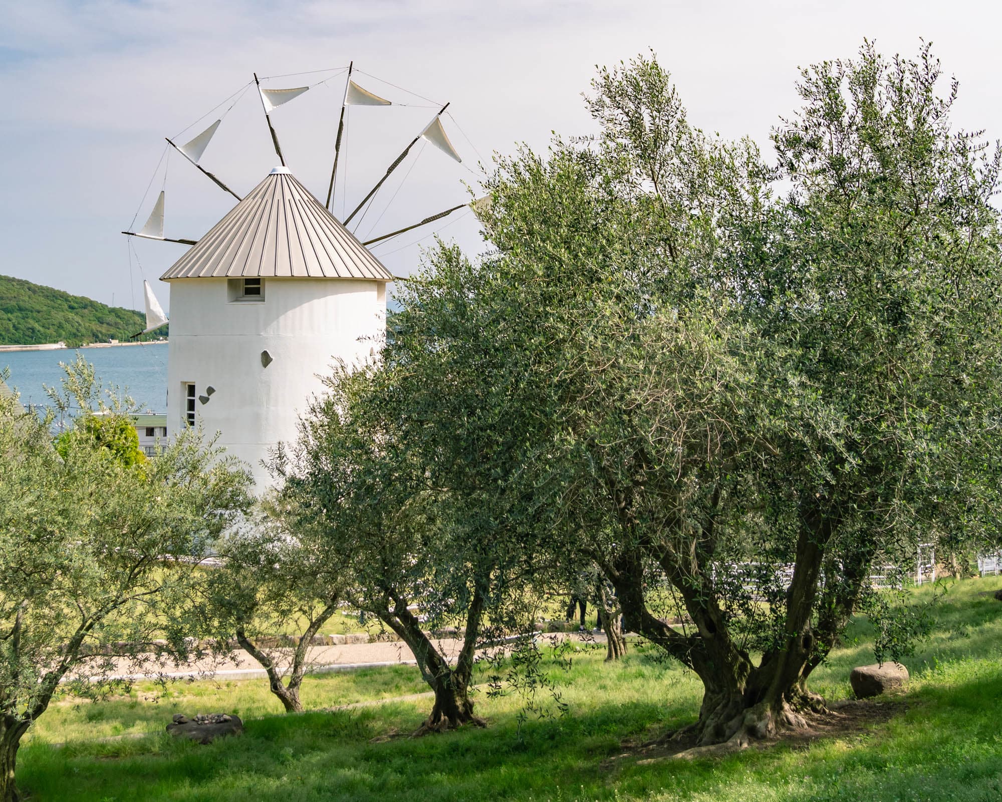 Shodoshima Olive Park is known for its tree-covered hillsides and Greek-style windmill.
