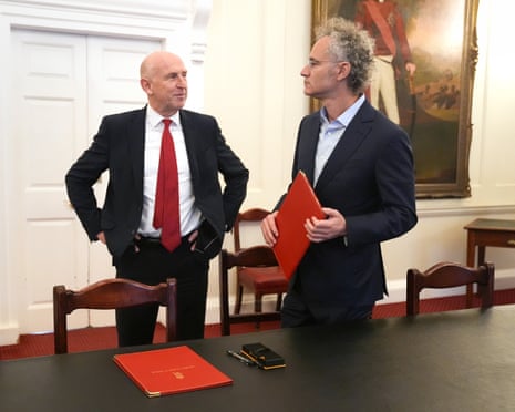 The then defence secretary, John Healey, with the Palantir CEO, Alex Karp, after signing an investment deal in London, September 2025.