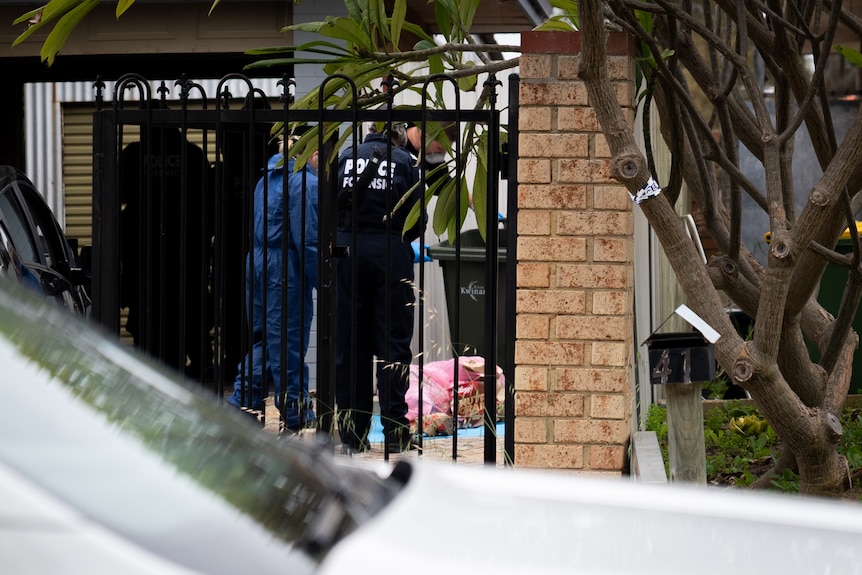 Police can be seen on the other side of a house fence.